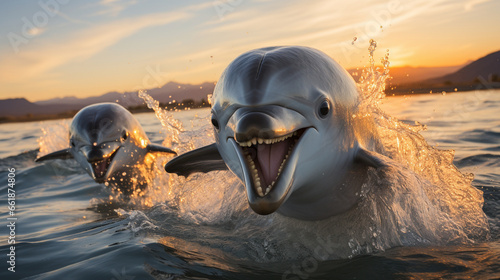 Dolphin Encounter: A close-up of playful dolphins leaping in and out of the ocean's surface.