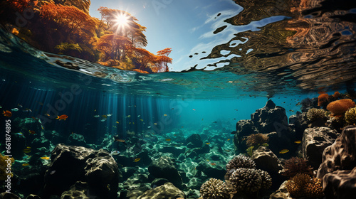 Submerged Beauty: An underwater perspective of an ocean teeming with vibrant corals and marine creatures.