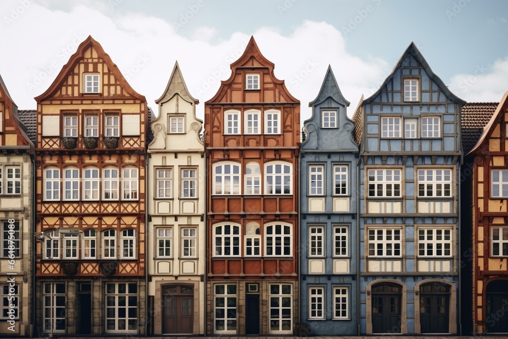 Row of historical German town house facades. Generative AI