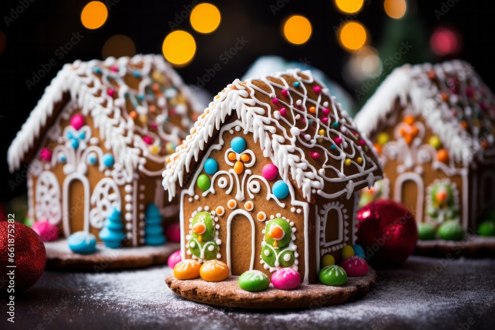 Photo of these gingerbread House Delights: Explore these whimsical and delectable gingerbread houses adorned with a delightful array of candies and intricate icing designs. Created with generative AI Photo of these gingerbread House Delights: Explore these whimsical and delectable gingerbread houses adorned with a delightful array of candies and intricate icing designs. Created with generative AI