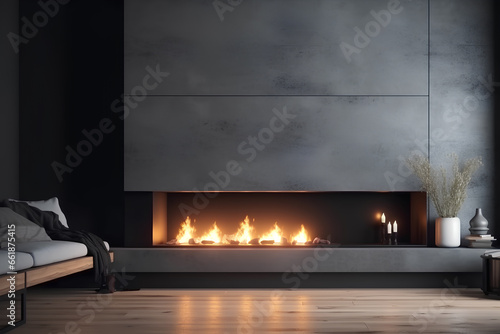 Minimalist living room interior in gray colors with modern fireplace> Front view