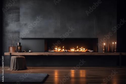 Minimalist living room interior in black colors with modern fireplace and dark wooden floor