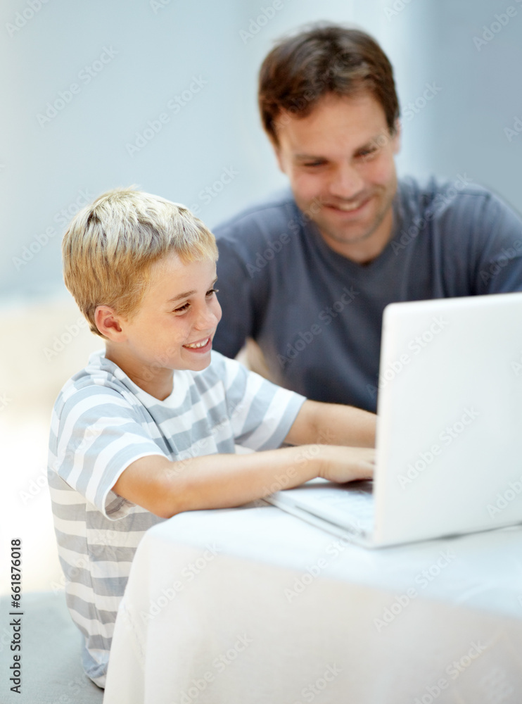 Education, homeschool and laptop, happy man and child in backyard study, teaching and elearning. Online school, dad and kindergarten boy at table with computer, smile and website for virtual class. Education, homeschool and laptop, happy man and child in backyard study, teaching and elearning. Online school, dad and kindergarten boy at table with computer, smile and website for virtual class.