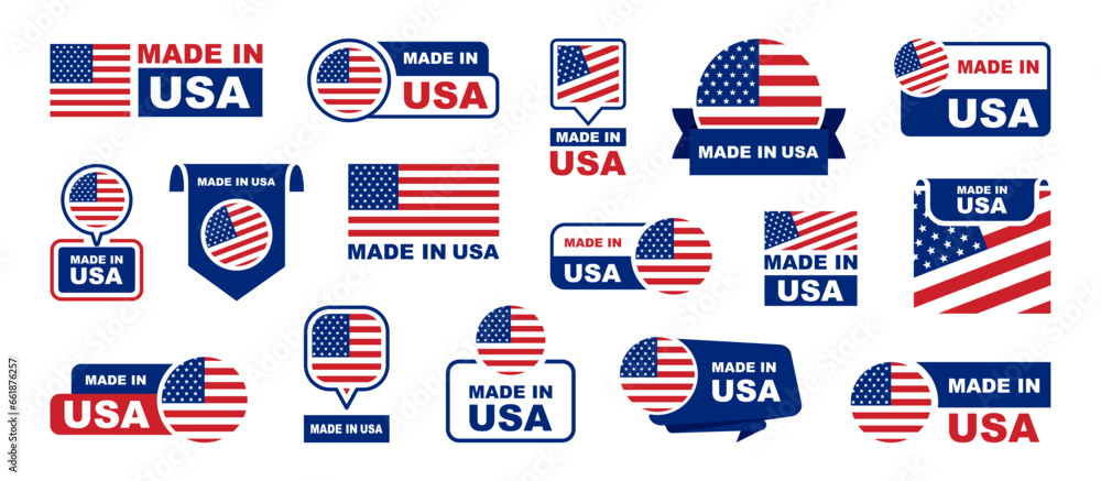 Made in USA labeling set. Collection of label made in USA. American product emblem. USA quality emblem. Vector illustration. Made in USA labeling set. Collection of label made in USA. American product emblem. USA quality emblem. Vector illustration.