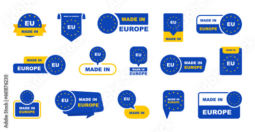 Made in Europe labeling set. Collection of label made in EU. European Union product. Made in EU icon. Europe quality emblem. Vector illustration.