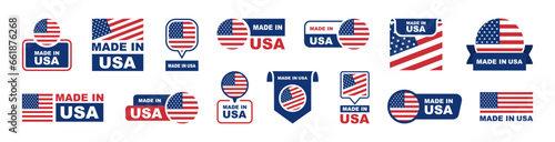 Made in USA labeling set. Collection of label made in USA. American product emblem. USA quality emblem. Vector illustration.