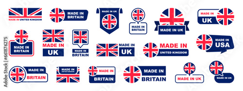 Made in UK labeling set. Collection of label made in UK. United Kingdom product emblem. Vector illustration.