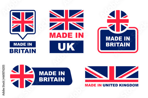 Made in UK labeling set. Collection of label made in UK. United Kingdom product emblem. Vector illustration.