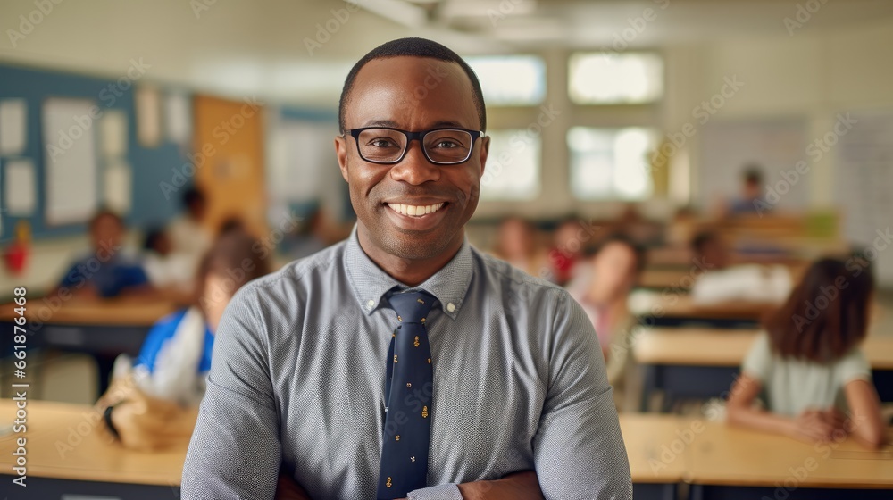 Obraz premium Portrait of smiling teacher in a class at elementary school