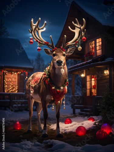 Under the gentle moonlight, a reindeer grace the yard near a Christmas-decorated wooden house. Dew deer's antlers are adorned with multi colours bulb vines and red scarf.