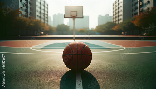 Quadra de basquete com a bola em destaque. photo