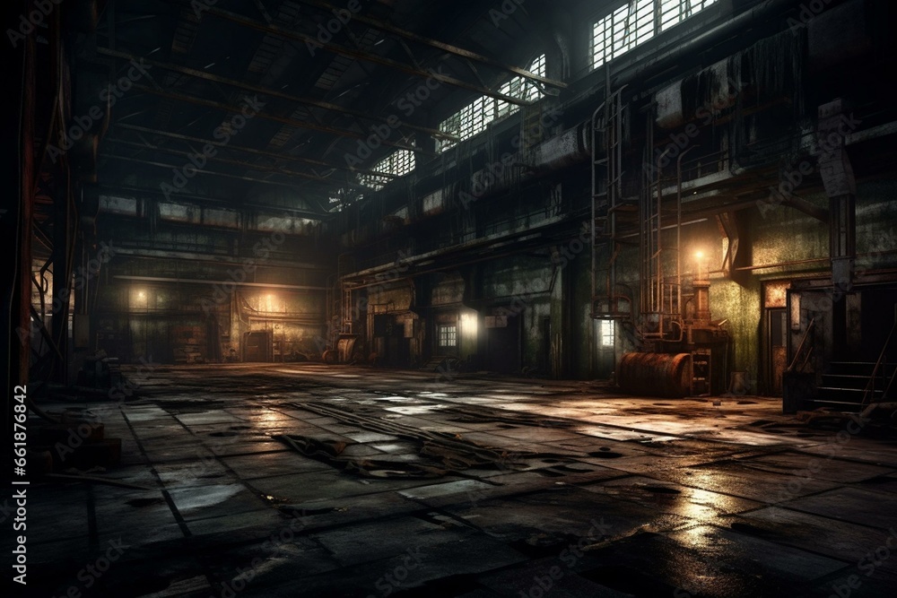 A deserted factory with a creepy, isolated atmosphere and dim lighting. Generative AI