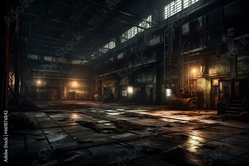 A deserted factory with a creepy, isolated atmosphere and dim lighting. Generative AI © Cybele