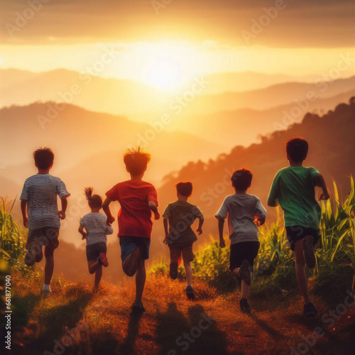 group of kids running into sunset in green mountain landscape , they are in motion blur and backlit