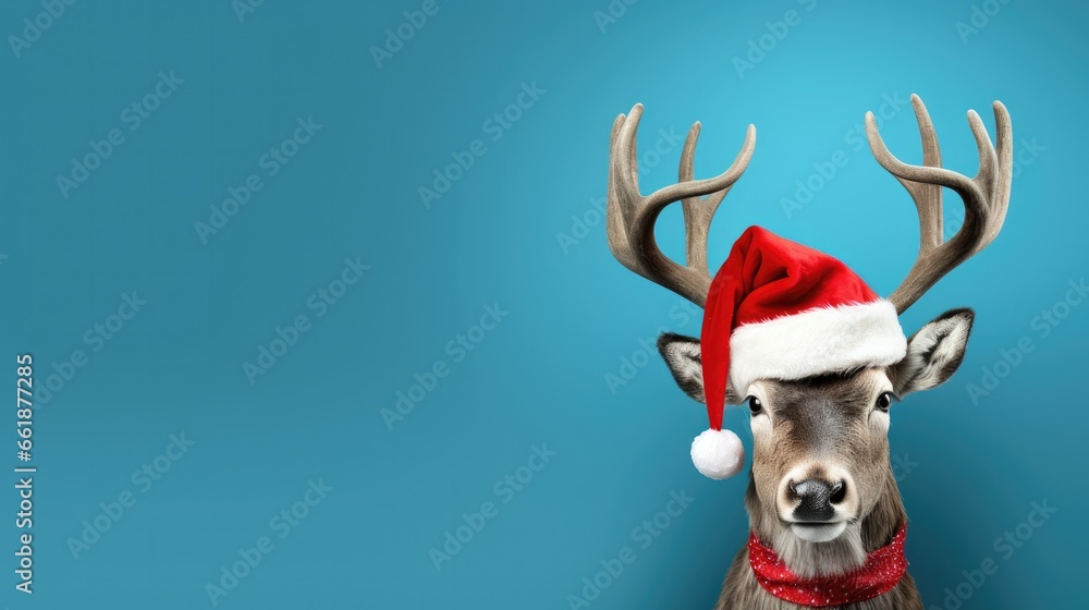 Reindeer with Santa hat on vibrant turquoise blue wall background Reindeer with Santa hat on vibrant turquoise blue wall background
