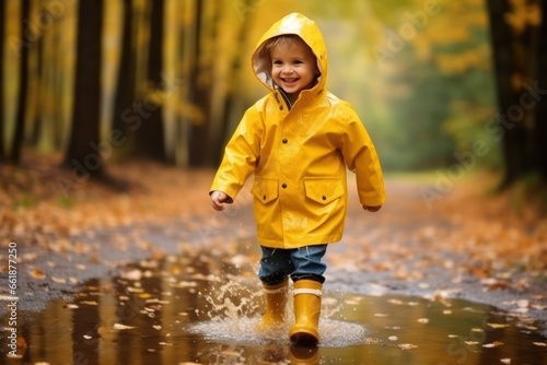 Little cute Caucasian boy wearing rain yellow boots, jumping and splashing in puddles as rain falls around him. The shot convey a strong summer vibe. Close-up view.