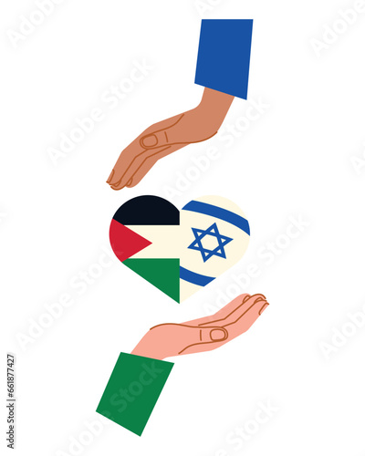 palestine and israel flags in heart with hands protecting