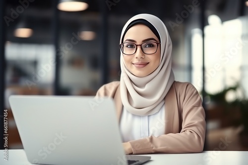 Close up photo of a young smiling Muslim woman in eyeglasses wearing hijab working with laptop computer in her modern business office.