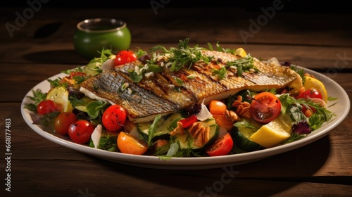 Roast fish and vegetable salad on wooden background