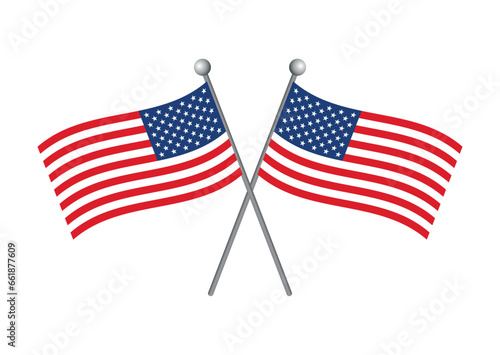 Two american crossed flags vector illustration. Two crossed waving american flag icon vector isolated on a white background. Flag of the United States graphic design element. USA flag on a pole symbol