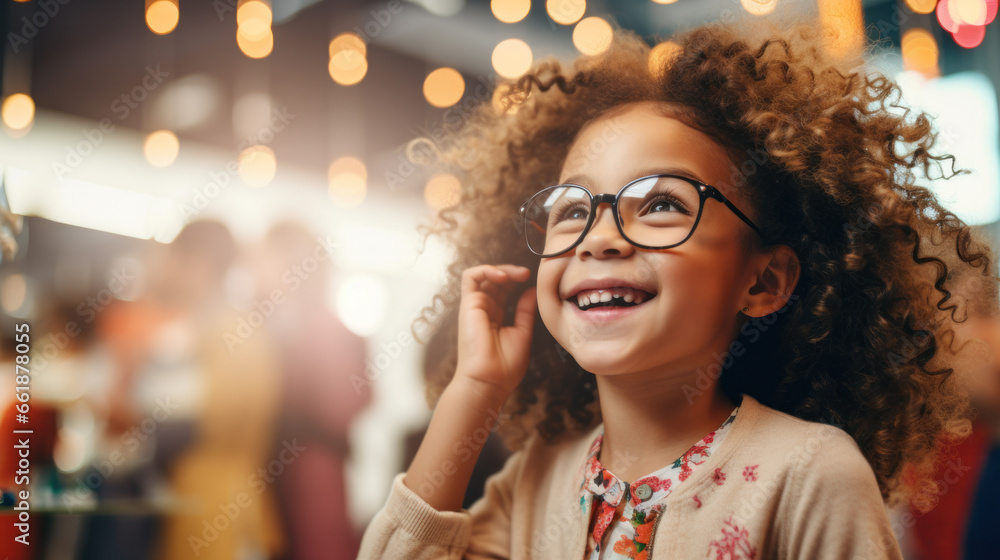 Portrait of cute girl trying on glasses she wants to buy in optician shop Portrait of cute girl trying on glasses she wants to buy in optician shop