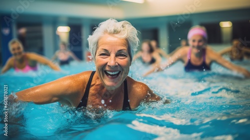 Senior women enjoying aqua fit class in a pool © Fly Frames