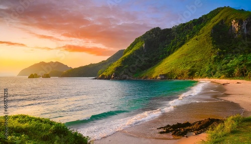 beach with sea water and green mountains sunset landscape beautiful nature wild travel