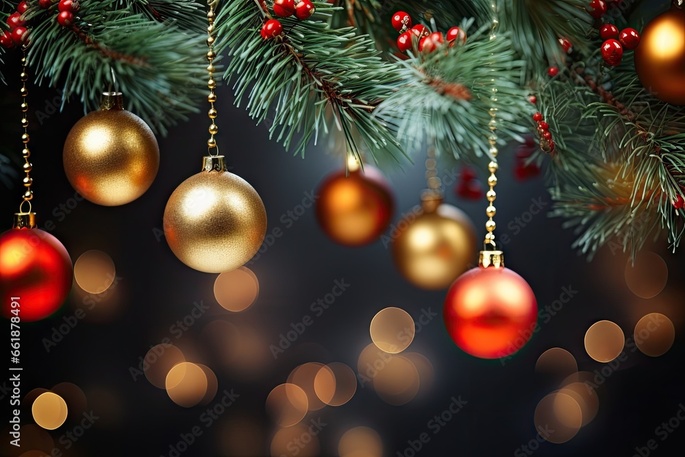 Christmas decoration with multi-colored Christmas balls and fir branches against blurred background. Generative AI