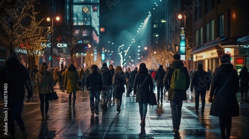 City street at winter snowy night with people walking © Fly Frames