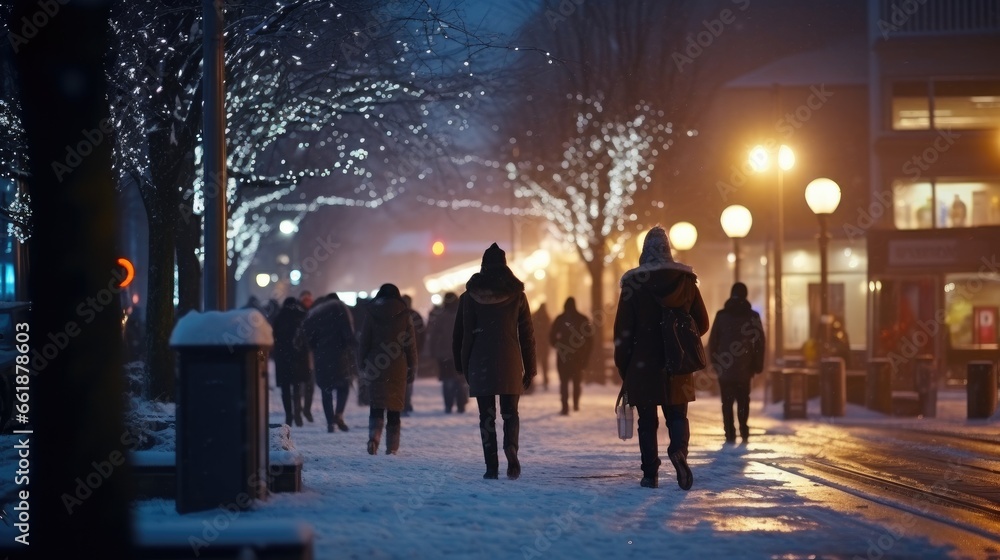 Fototapeta premium City street at winter snowy night with people walking