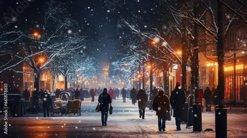 City street at winter snowy night with people walking