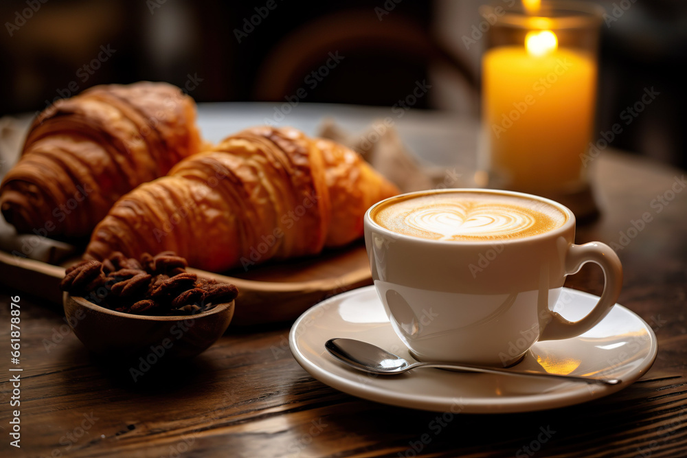 Cup of coffee with croissants and candle on wooden table. Cup of coffee with croissants and candle on wooden table.