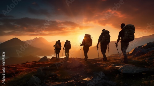 Silhouettes of hikers at sunset