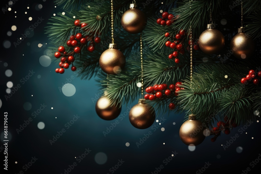 Christmas decoration with multi-colored Christmas balls and fir branches against blurred background. Generative AI