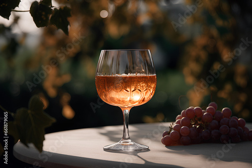 Cognac in the glass and grapes on the table outdoors on background of winery yard