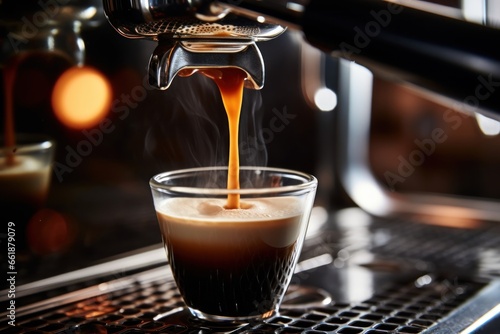 A Preparation of espresso coffee by using coffee machine. Espresso pouring from coffee machine. Close-up photo of an espresso pouring from coffee machine. Professional coffee brewing.