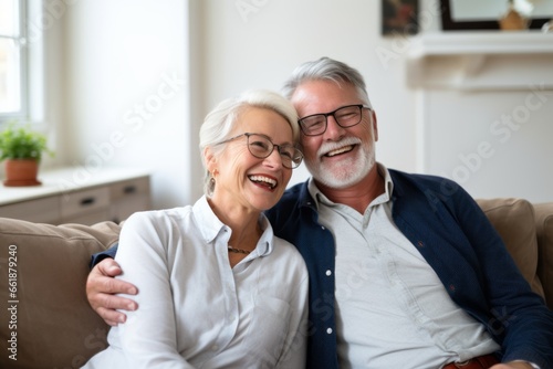 sweet old adult retired couple people stay home sit relax positive conversation on sofa couch in living room home interior background
