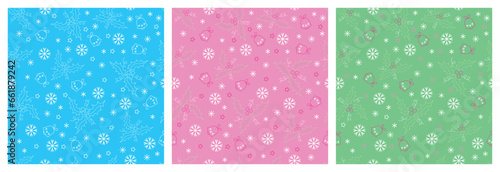 Christmas seamless pattern with ilex leaves and berries, bells, snowflakes, stars, streamers and color background for card, wrapping paper, wallpaper or other. Vector illustration. Set. Not AI created