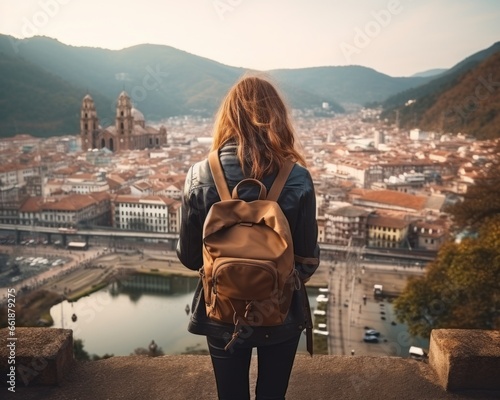 casual solo traveller female woman standing on the hill look over aerial topview of old famous attraction city travel concept carefree leisure freedom concept