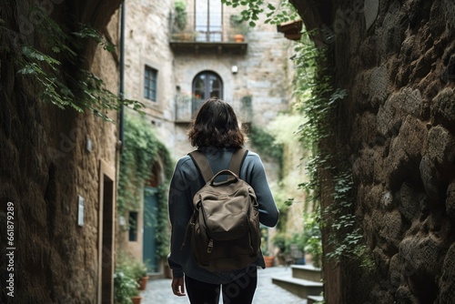 casual relax female traveller walk sight seeing daytour in europe famous beautiful old town with historic architecture famous landmark travel concept photo