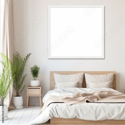 bedroom interior mockup template clean and clear room with blank poster frame on headboard bedroom interior decoration background © VERTEX SPACE