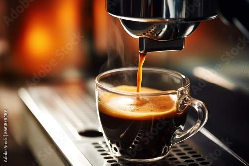 Preparation of coffee by using coffee machine. Espresso pouring from coffee machine. Close-up of espresso pouring from coffee machine.