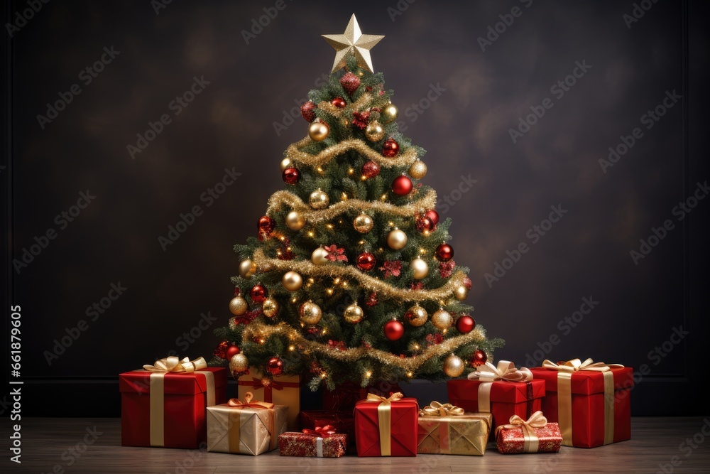 Christmas or holiday greeting card - many different gift boxes with colorful ribbons. Background with bokeh lights and Christmas tree. Generative AI Christmas or holiday greeting card - many different gift boxes with colorful ribbons. Background with bokeh lights and Christmas tree. Generative AI