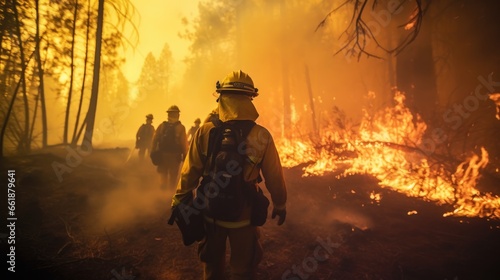 Team of Firefighters in Safety Uniform and Helmets Extinguishing a Wildland Fire