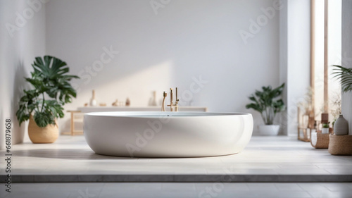 Empty space on luxury white marble table in minimalist bathroom, natural light, space for text and product mockup © anandart