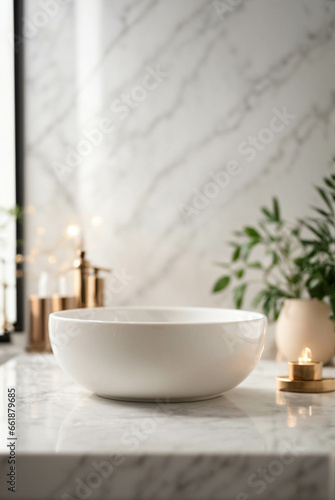 Empty space on luxury white marble table in minimalist bathroom  natural light  space for text and product mockup