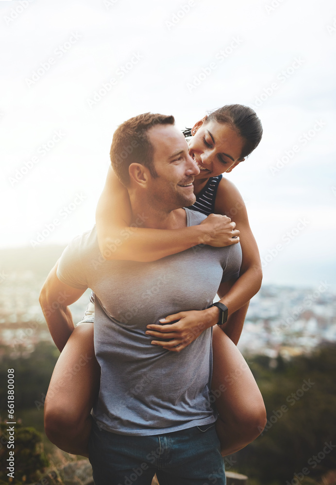 Love, piggyback or happy couple hiking in nature on outdoor date for care with support, loyalty or trust. Romantic man, wellness or woman on holiday vacation together to relax or smile in park Love, piggyback or happy couple hiking in nature on outdoor date for care with support, loyalty or trust. Romantic man, wellness or woman on holiday vacation together to relax or smile in park