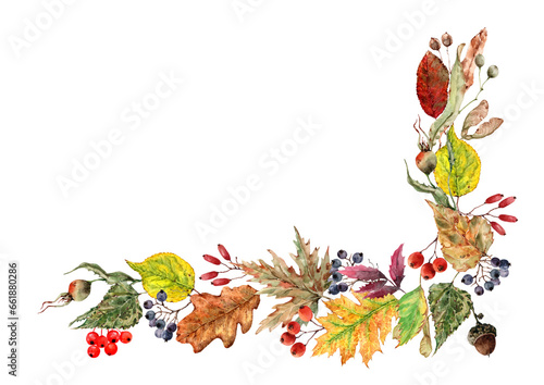 Autumn corner floral frame decorated with a garland of bright fallen leaves of plants, trees, ripe fruits, berries. Hand drawn watercolor illustration white background for cards, wedding invitations.