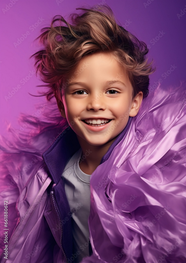 A young boy wearing a purple jacket on purple studio background. AI Generated A young boy wearing a purple jacket on purple studio background. AI Generated