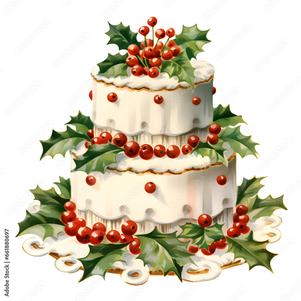 Vintage Christmas Cake Watercolor Clipart, Holly Clipart, Christmas ...